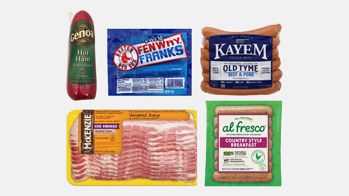 Genoa Hot Ham, Kayem Fenway Franks, Kayem Old Tyme Beef & Pork Franks, Al Fresco Chicken Breakfast Sausage, 
McKenzie Cob Smoked Bacon.