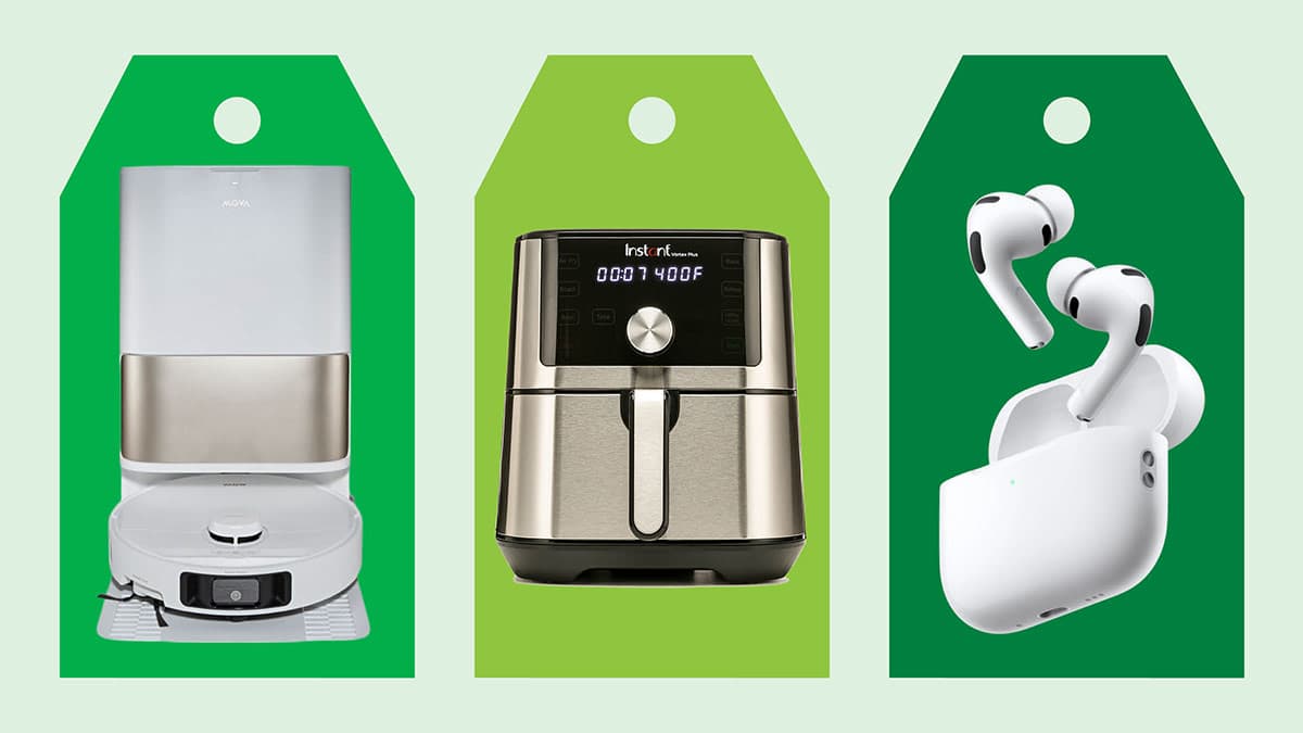 Left to right: Mova P10 Pro Ultra Gen2 robot vacuum, Instant Vortex Plus air fryer, Apple AirPods Pro 3 headphones