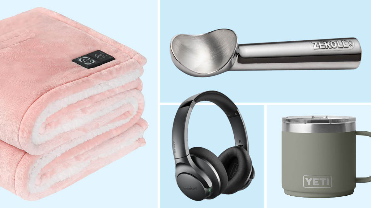Sealy blanket, Zeroll ice cream scoop, Anker headphones, Yeti mug