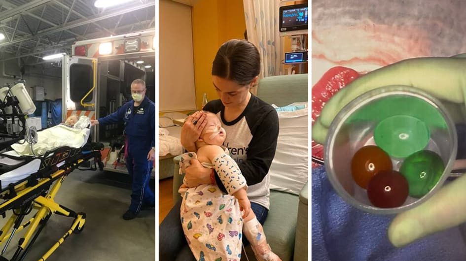 Deacon Nickols being transported by ambulance to Children's Wisconsin hospital in Milwaukee and being held by his mother, Haley, after several surgeries to remove water beads (in cup) that had lodged in his intestines.