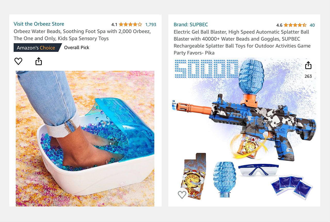 Water Beads are shown on Amazon: 'foot spas,' ball-launching 'fidget packs,' and ammunition for 'gel blaster' guns.