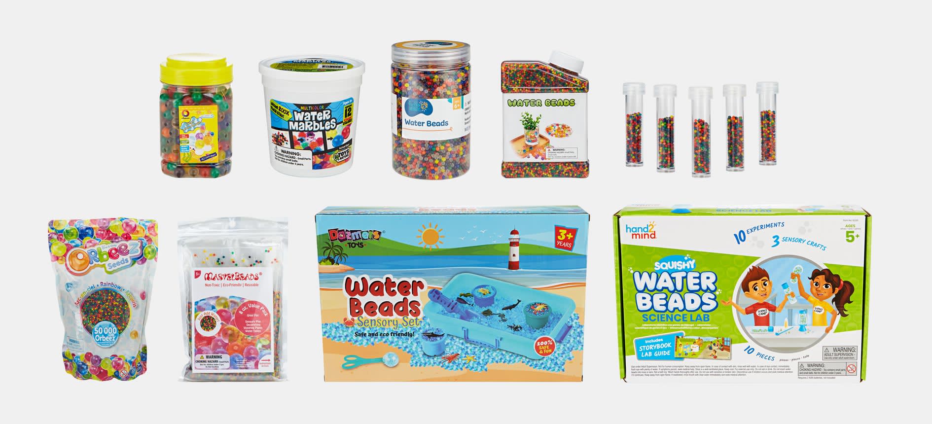 Water beads packages from large retailers such as Amazon, Target, and Walmart; craft retailers such as Etsy and Joann; and education supply stores such as Lakeshore Learning. Brands included Dazmers Toys, Elongdi, Hand2Mind, Hello Hobby, Jangostor, Lakeshore, MarvelBeads, and Orbeez.