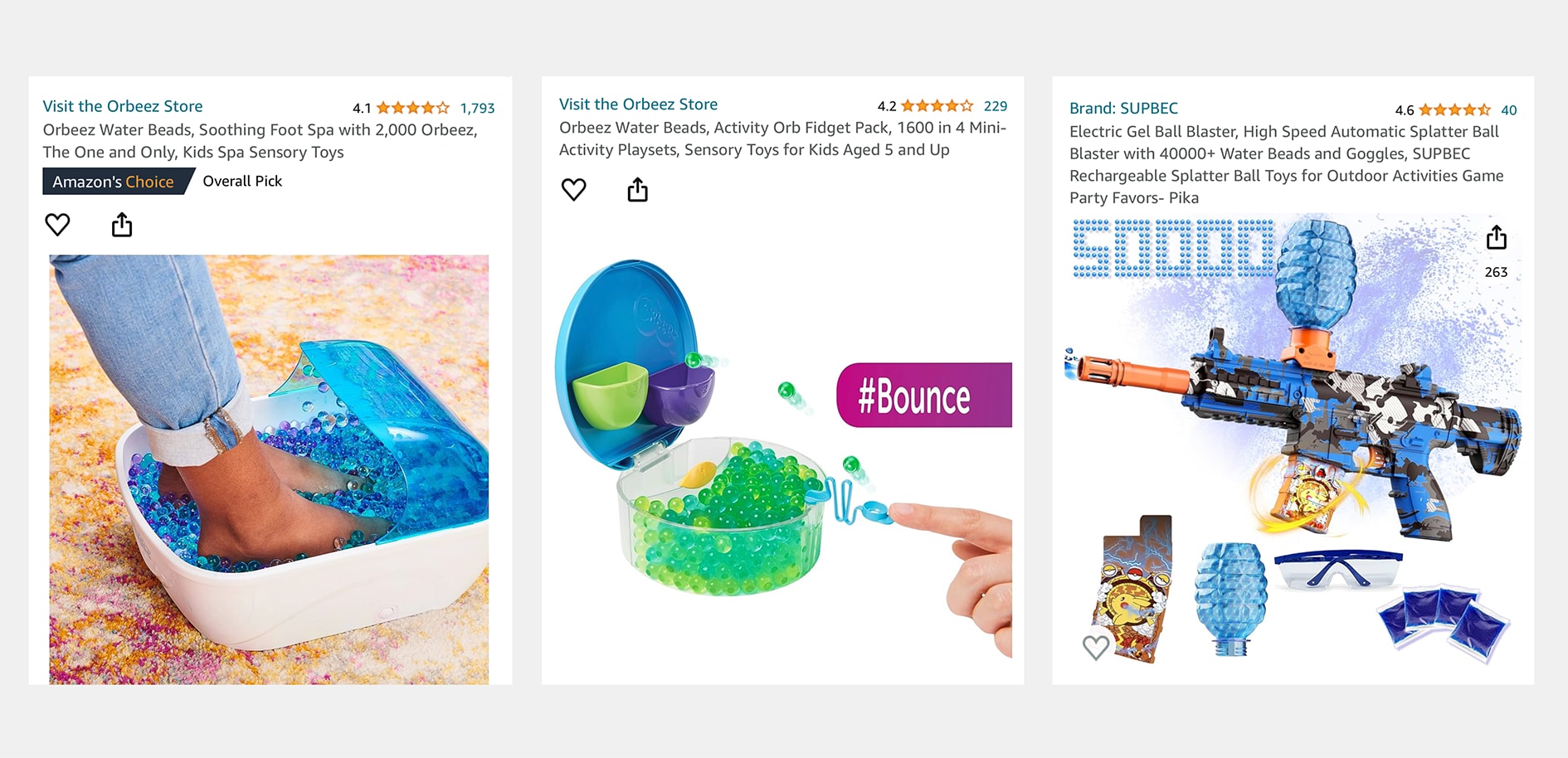 Water Beads are shown on Amazon: 'foot spas,”' ball-launching 'fidget packs,' and ammunition for 'gel blaster' guns.