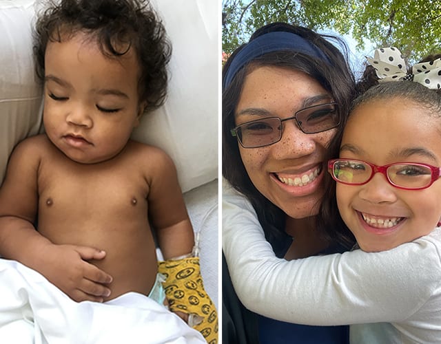 Kipley Haugen, then 13 months old, in the hospital recovering from surgery to remove water beads from her small intestine. Her mother, Ashley Haugen, with Kipley now.
