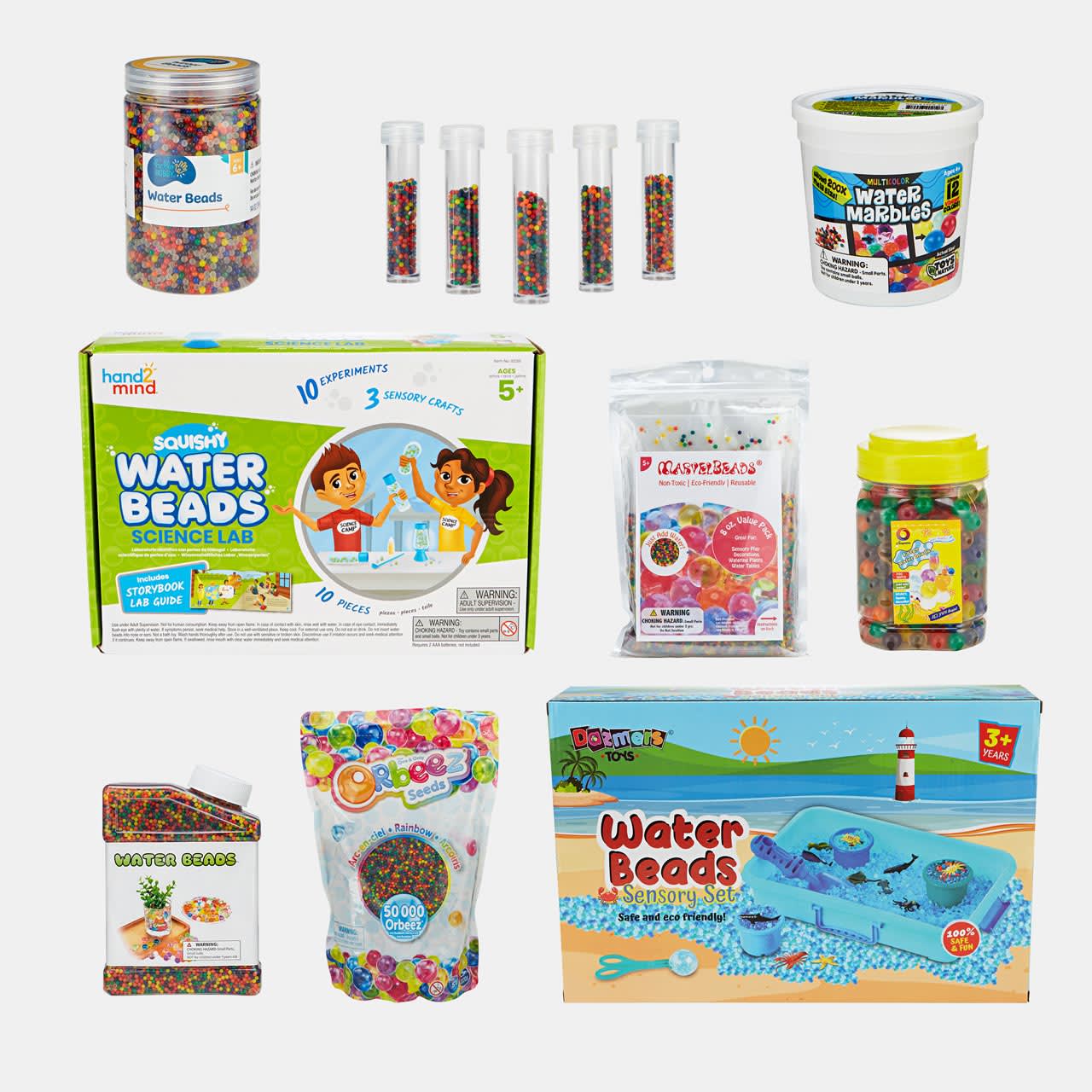 Water beads packages from large retailers such as Amazon, Target, and Walmart; craft retailers such as Etsy and Joann; and education supply stores such as Lakeshore Learning. Brands included Dazmers Toys, Elongdi, Hand2Mind, Hello Hobby, Jangostor, Lakeshore, MarvelBeads, and Orbeez.