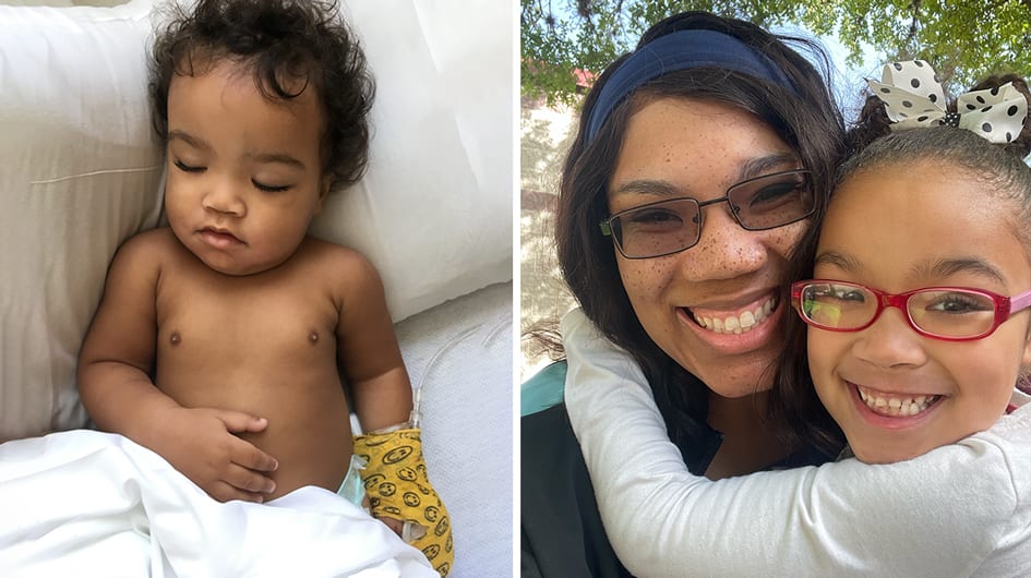 Kipley Haugen, then 13 months old, in the hospital recovering from surgery to remove water beads from her small intestine. Her mother, Ashley Haugen, with Kipley now.