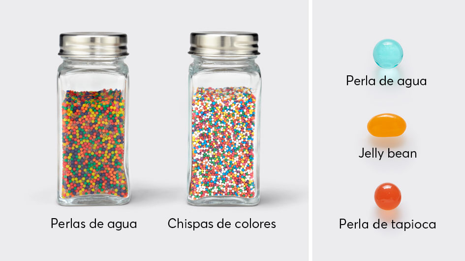 Water beads start very small when dry and could be confused with cupcake sprinkles. Other water beads can look like a jelly bean or bubble tea ball, after soaking in water for a few hours.
