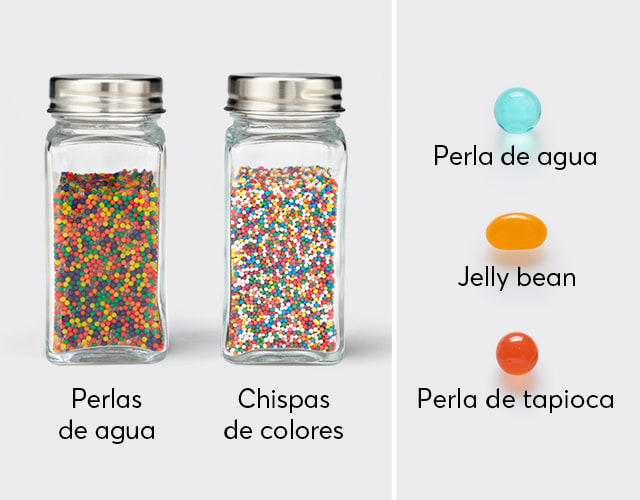 Water beads start very small when dry and could be confused with cupcake sprinkles. Other water beads can look like a jelly bean or bubble tea ball, after soaking in water for a few hours.