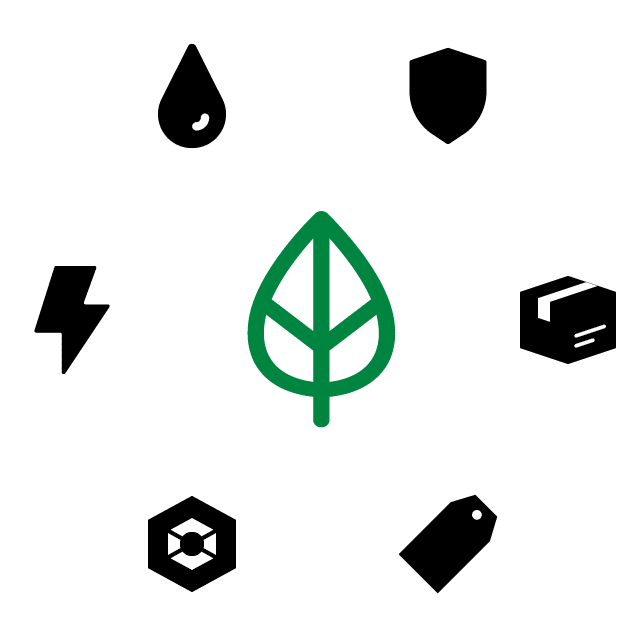 CR Green Choice leaf icon surrounded by icons symbolizing Green Choice criteria