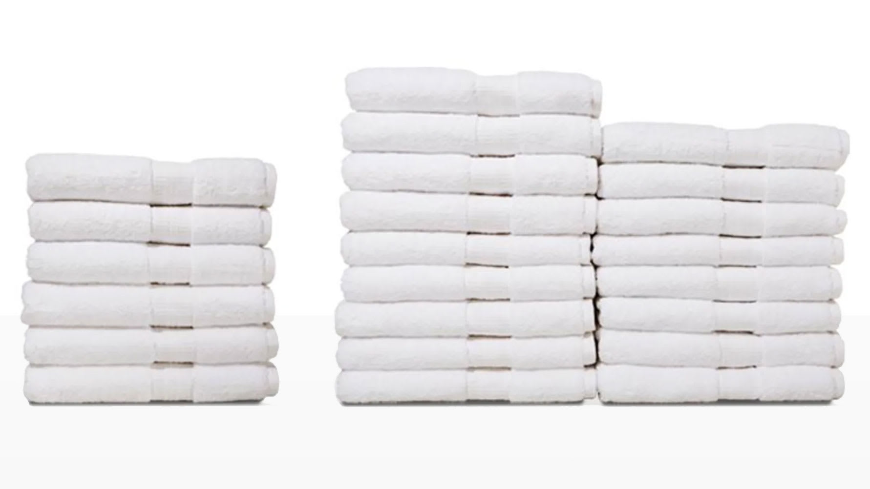 two stacks of towels showing the relative volume of six and seventeen towels