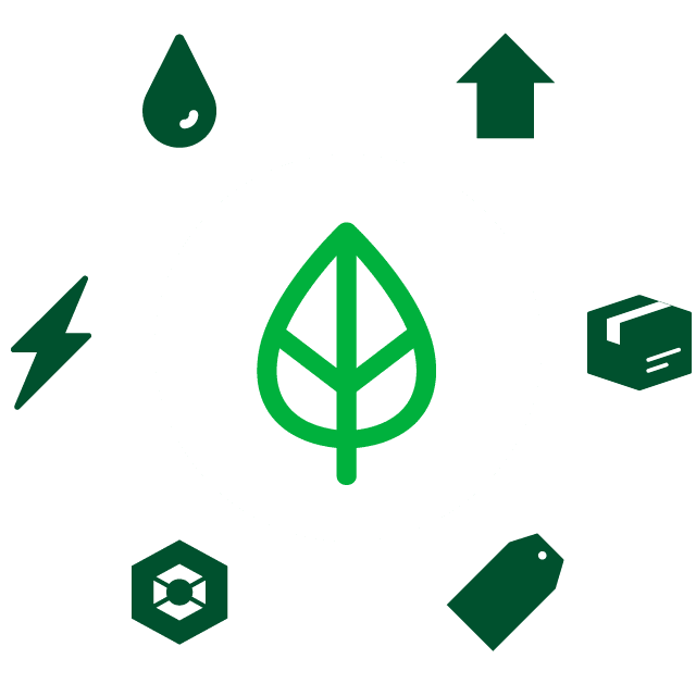 CR Green Choice leaf icon surrounded by icons symbolizing Green Choice criteria
