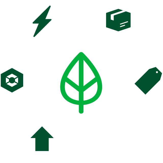 CR Green Choice leaf icon surrounded by icons symbolizing Green Choice criteria