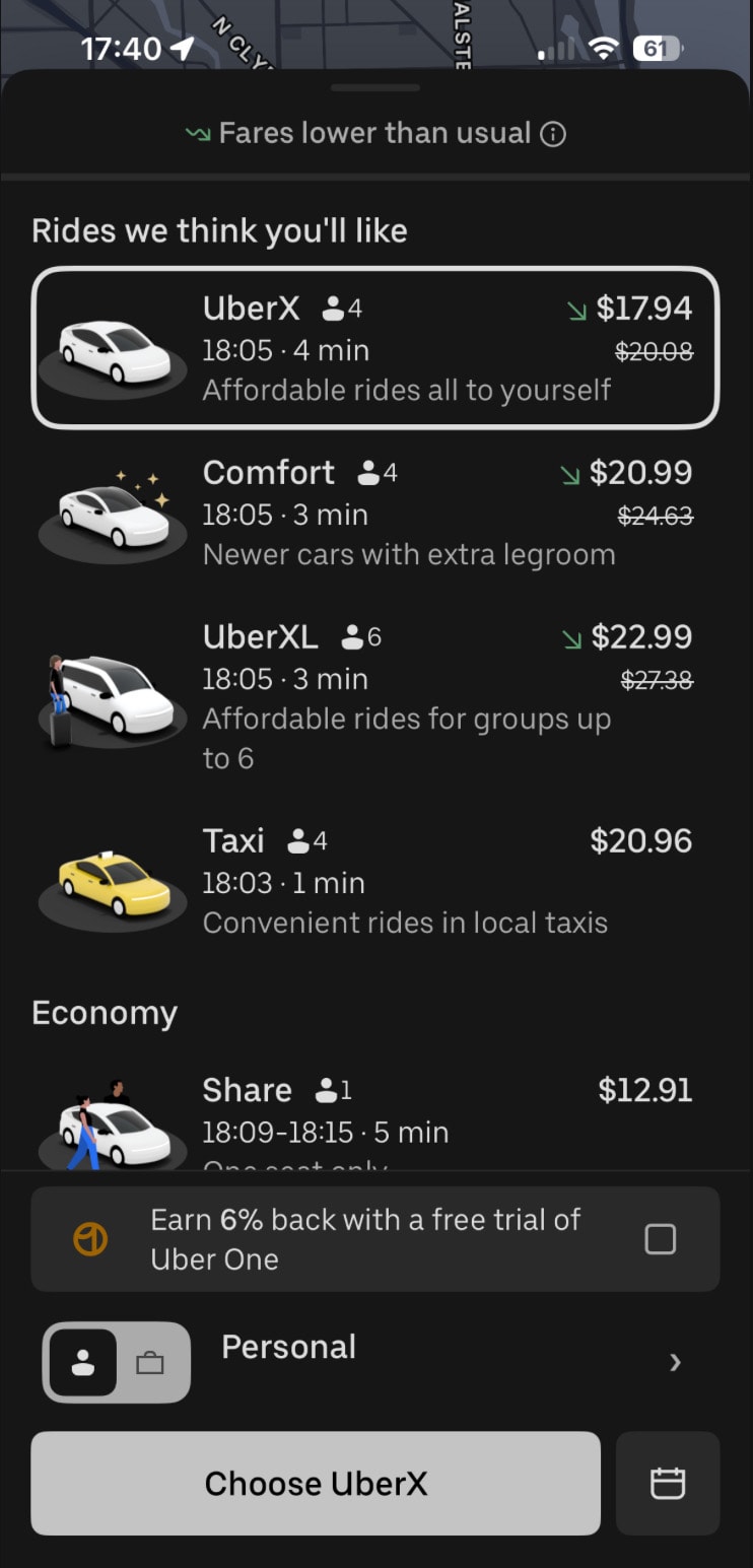 Rideshare app screen capture