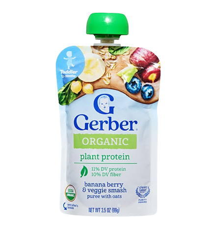 Gerber Organic Plant Protein Banana Berry and Veggie Smash Purée with Oats package