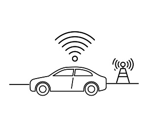 Illustration of a car on a road emitting WiFi signals near a cell tower