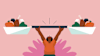 illustration of person holding weights above their head with each side filled with apples, chicken legs, lettuce, milk, and protein powder
