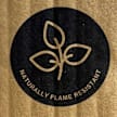 Box packaging that has a leaf symbol within a circle and says "Naturally Flame Resistant".