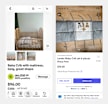 Side-by-side screenshots display two online marketplace listings for crib accessories and furniture. The left listing shows a wood dropside crib with a mattress for $96.00, while the right listing features a gray 4-piece Levtex Baby crib bumper pad set with a safari animal design for $74.00.