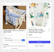 Side-by-side screenshots show two online marketplace listings for infant gear. The left listing features a white and blue Kolcraft 2-in-1 inclined sleeper for $10, while the right listing displays a dinosaur-patterned portable baby lounger for $19.99.