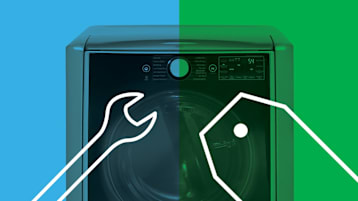 Wrench icon on left, price tag icon on right on top of clothes dryer