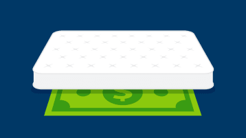 Art of a dollar bill underneath a mattress to signify the savings you’ll receive on your next mattress purchase.