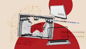 Ripped social security card with laptop, code and keyboard buttons.