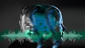 Black-and-white portrait of a man on the left, transitioning into a distorted, blue-tinted, abstract humanoid face on the right, with soundwave graphics