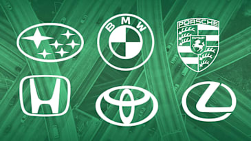 Subaru, BMW, Porsche, Honda, Toyota, and Lexus logos on background of tinted green overhead view of highway overpasses