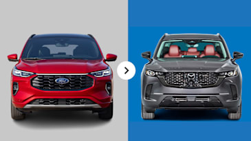 Ford Escape Hybrid on the left with an arrow in the middle pointing to a 2025 Mazda CX-50 Hybrid on the right.