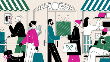 People shopping for gifts in winter, carrying bags and boxes as snow falls.