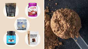Scoop of chocolate protein powder next to protein powder packages from Truvani, Premier Protein, Ritual, Clean Simple Eats, and Equate.