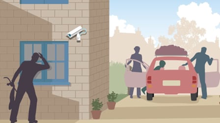 An illustration of a home security camera capturing a burglar looking into a home while the family is away.