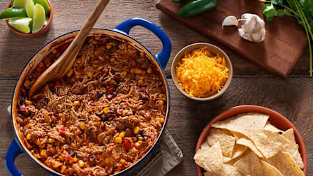 Chili seen from above in a Dutch oven pot.