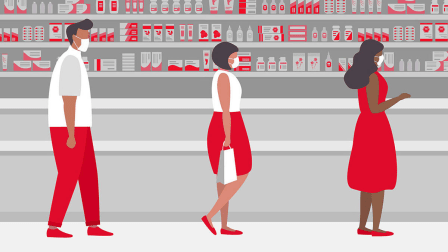 Illustration of people with mask online in store