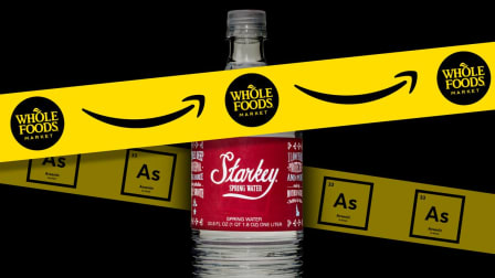 starkey water bottle, amazon and whole foods logo and arsenic symbol
