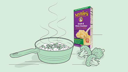 Illustration of a pot of cooked macaroni and cheese with cut broccoli.