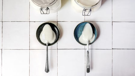 Two spoons of yogurt, on the left yogurt made from a sous vide and on the right yogurt made from a multicooker.