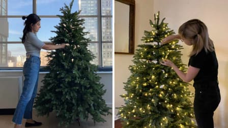 Split image showing two people setting up artificial Christmas trees in their living rooms.