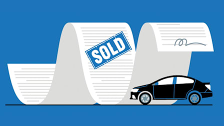 Illustration of long receipt with sold stamp, signature and car icon