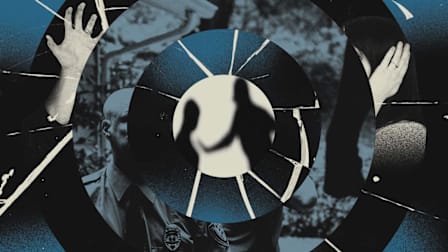 Collage of a silhouette of two people with a police officer in the background, seen through the lens of a Ring doorbell.