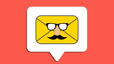 Illustration of an email icon with mustache and glasses disguise