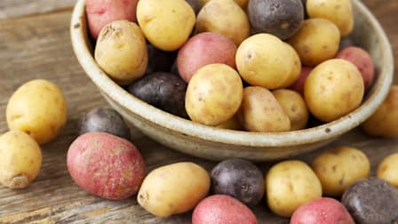 close up of different colored potatoes on wooden surface and in ceramic bowl