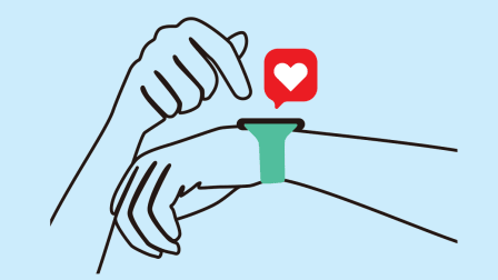 Illustration of a hand wearing a watch with a heart message coming from it.