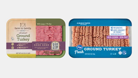2.5-pound packages of Farm to Family tray pack ground turkey sold only at BJ’s stores and 3-pound packages of Kroger brand 85/15 tray pack ground turkey