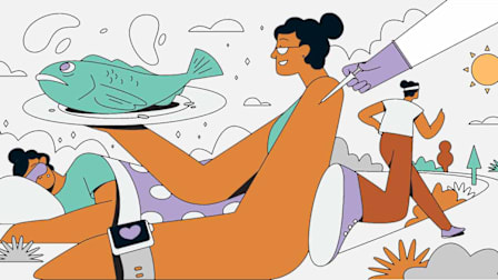 illustration of people sleeping, person holding fish platter getting a shot, and person running on trail