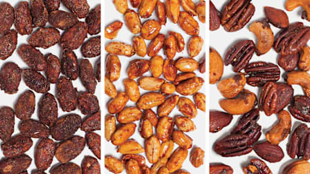Cocoa roasted almonds, spicy honey roasted peanuts and spiced mixed nuts