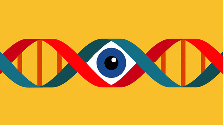 A GIF of a blinking eye with binary code behind it in a DNA strand