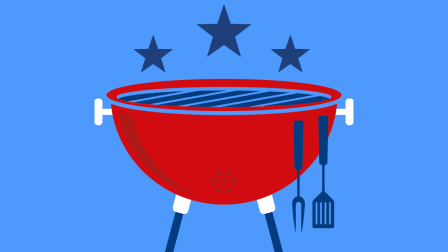 Illustration of a red charcoal grill with three stars floating above it.
