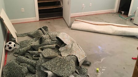 Flooded basement and torn up carpet
