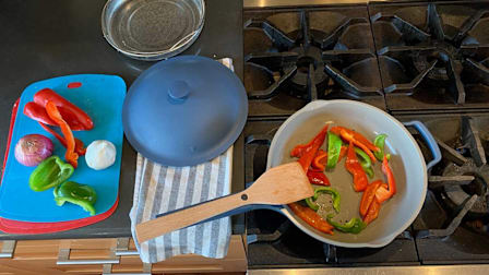 Always Pan cooking peppers on a stove
